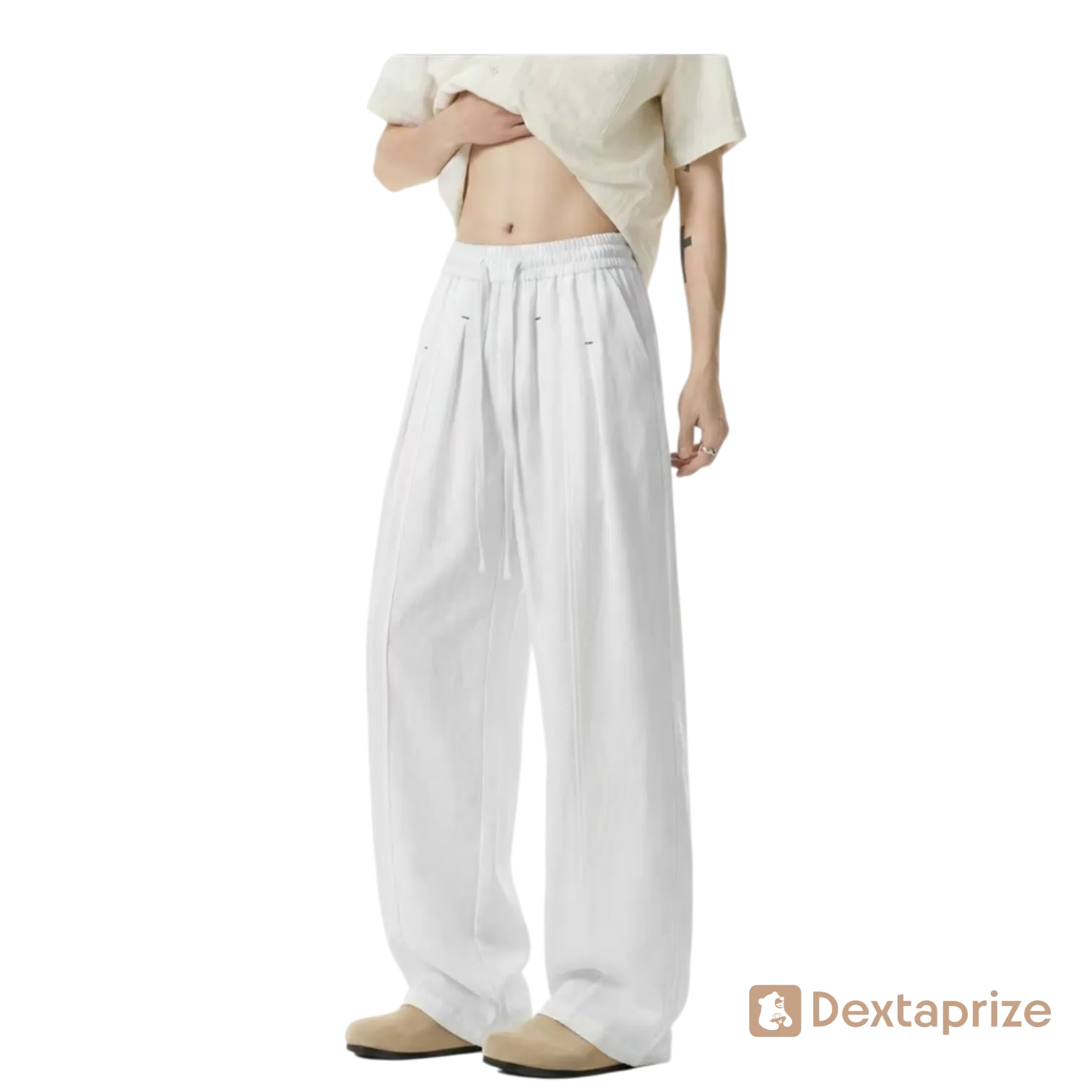 Men's Relaxed Fit Linen Blend Wide-Leg Drawstring Pants